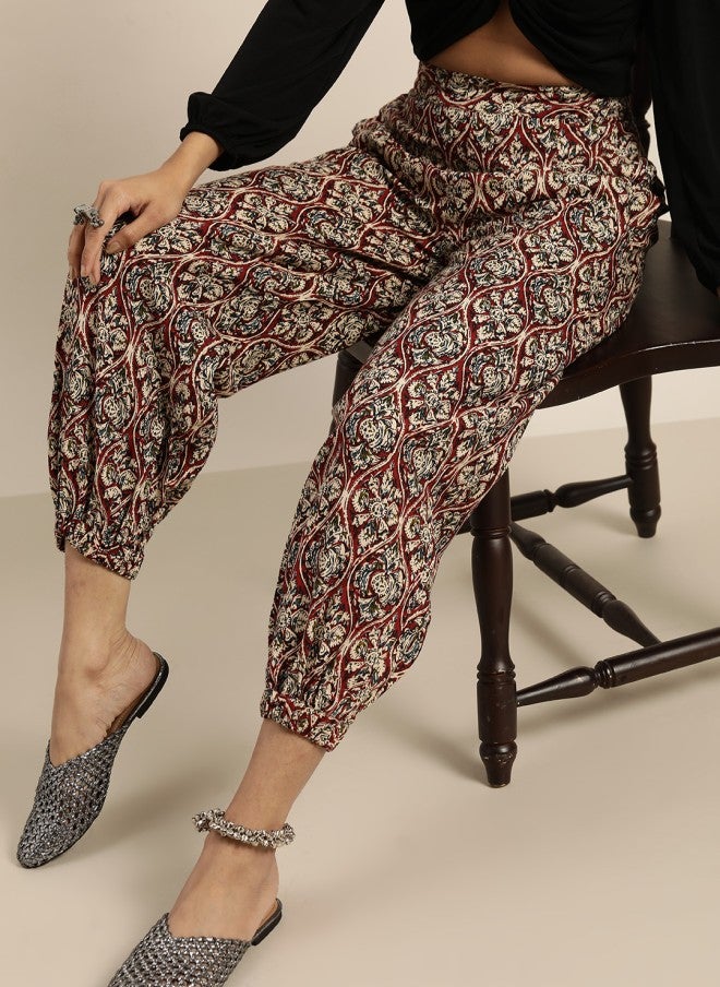 SASSAFRAS Maroon & Off-White Printed Joggers for Women - Image 1