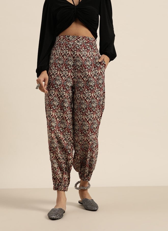 SASSAFRAS Maroon & Off-White Printed Joggers for Women - Image 3