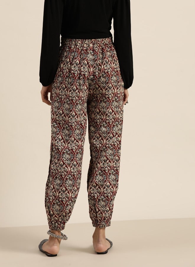 SASSAFRAS Maroon & Off-White Printed Joggers for Women - Image 4
