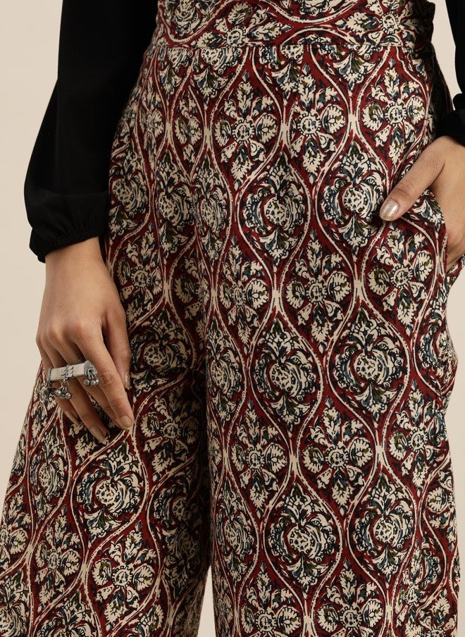 SASSAFRAS Maroon & Off-White Printed Joggers for Women - Image 5