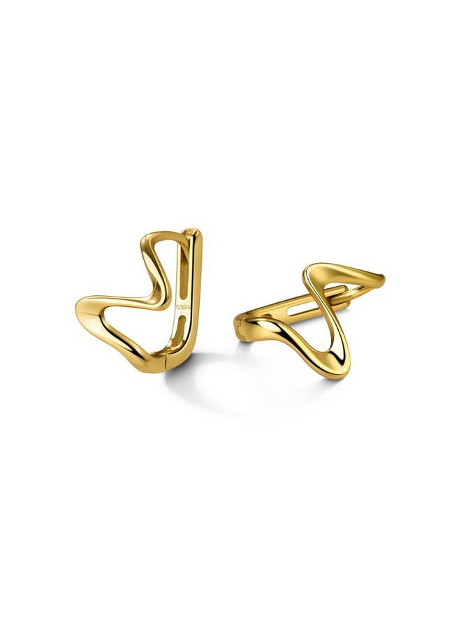 Reffeer Solid 925 Sterling Silver Ocean Wave Hoop Earrings Huggie for Women Teen Girls Cartilage Hoop Earrings Helix Minimalist (B-18K Gold) - Image 1