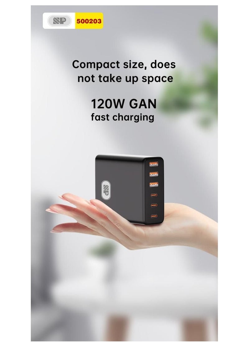 SP - Super Fast Charger  PD 120 W QC 3.0  6-Port GaN 3-Port Type-C Plug Port 3 USB-C compatible With iPhone 14,iPad Pro, Galaxy S23 - Image 1