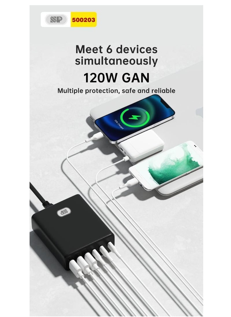 SP - Super Fast Charger  PD 120 W QC 3.0  6-Port GaN 3-Port Type-C Plug Port 3 USB-C compatible With iPhone 14,iPad Pro, Galaxy S23 - Image 1