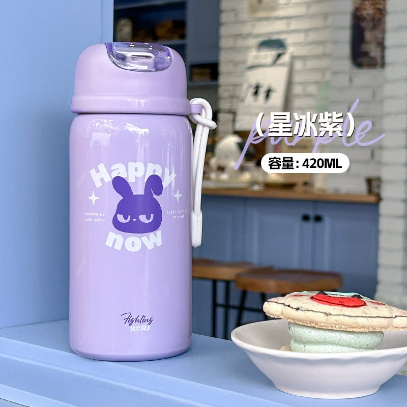 Simple school thermos cup student special portable straw cup cartoon cute small stainless steel cup wholesale X-214W purple