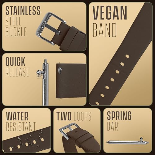 ALPINE INTERNATIONAL ALPINE Vegan Leatherette Watch Strap - Brown Leather Free Watch Band - Quick Release Replacement Watch Strap - Eco-Friendly Bands for Women & Men - Compatible with Regular & Smart watches - 20MM - Image 2