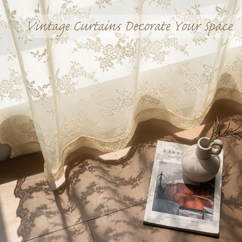 MEETSKY Light Yellow Lace Curtains 63 Inch Length, Yellow Cream Lace Curtain Vintage Victorian French Light Filtering Lacy Drapes for Living Room Bedroom, Each 50" Wx63 L, 2 Panels - Image 5