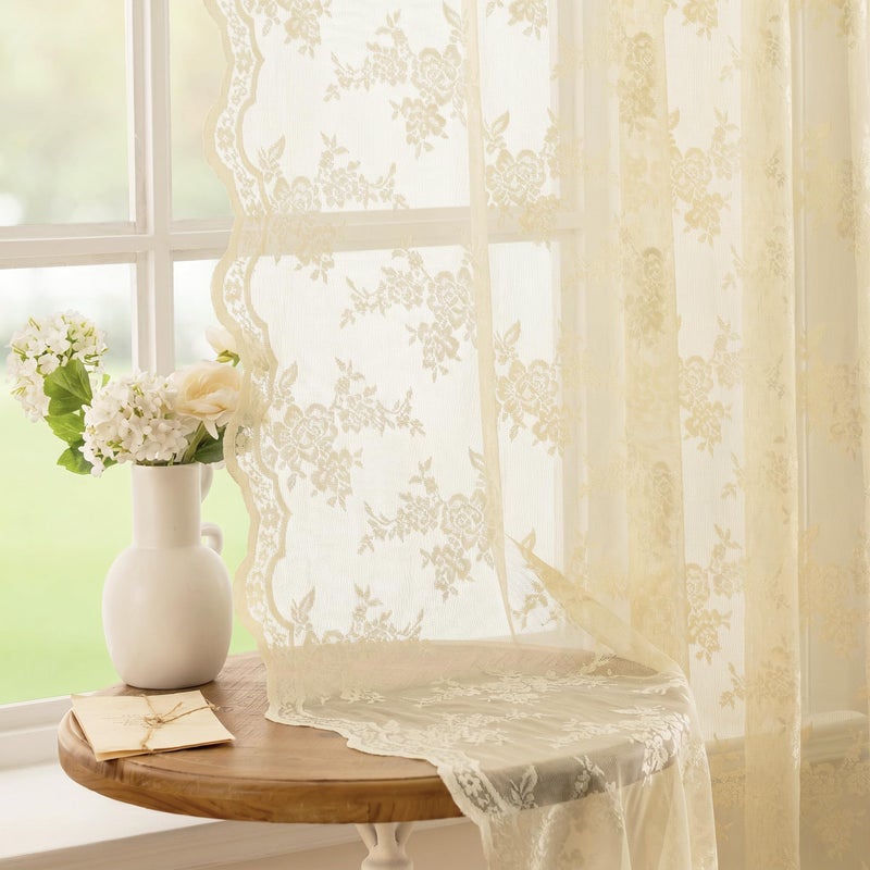 MEETSKY Light Yellow Lace Curtains 63 Inch Length, Yellow Cream Lace Curtain Vintage Victorian French Light Filtering Lacy Drapes for Living Room Bedroom, Each 50" Wx63 L, 2 Panels - Image 1
