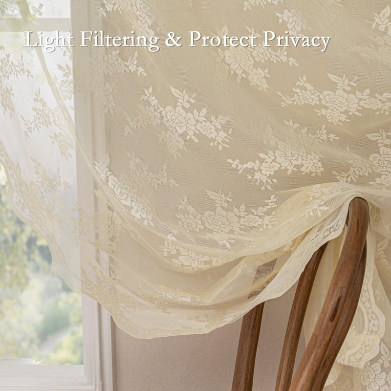 MEETSKY Light Yellow Lace Curtains 63 Inch Length, Yellow Cream Lace Curtain Vintage Victorian French Light Filtering Lacy Drapes for Living Room Bedroom, Each 50" Wx63 L, 2 Panels - Image 3
