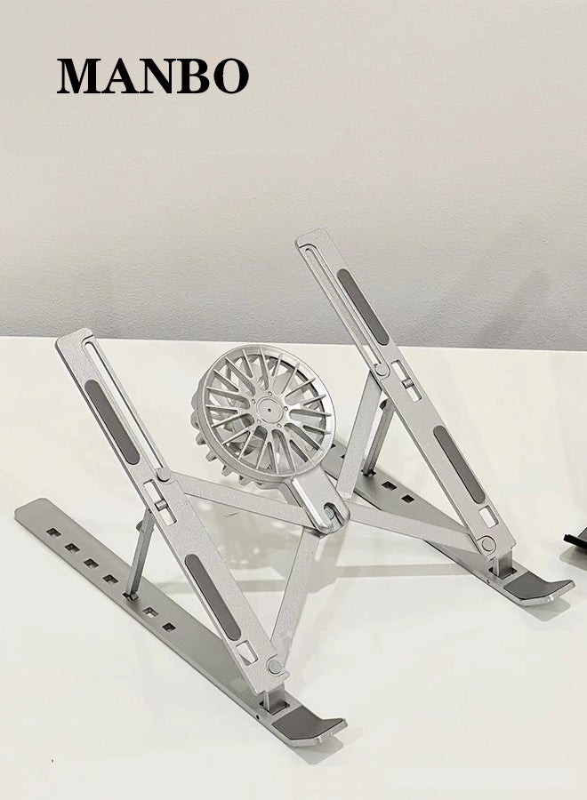 MANBO Aluminum Alloy Laptop Cooling Stand with Fan, Foldable Adjustable Lifting Computer Bracket, Portable Storage Desktop Holder - Image 1
