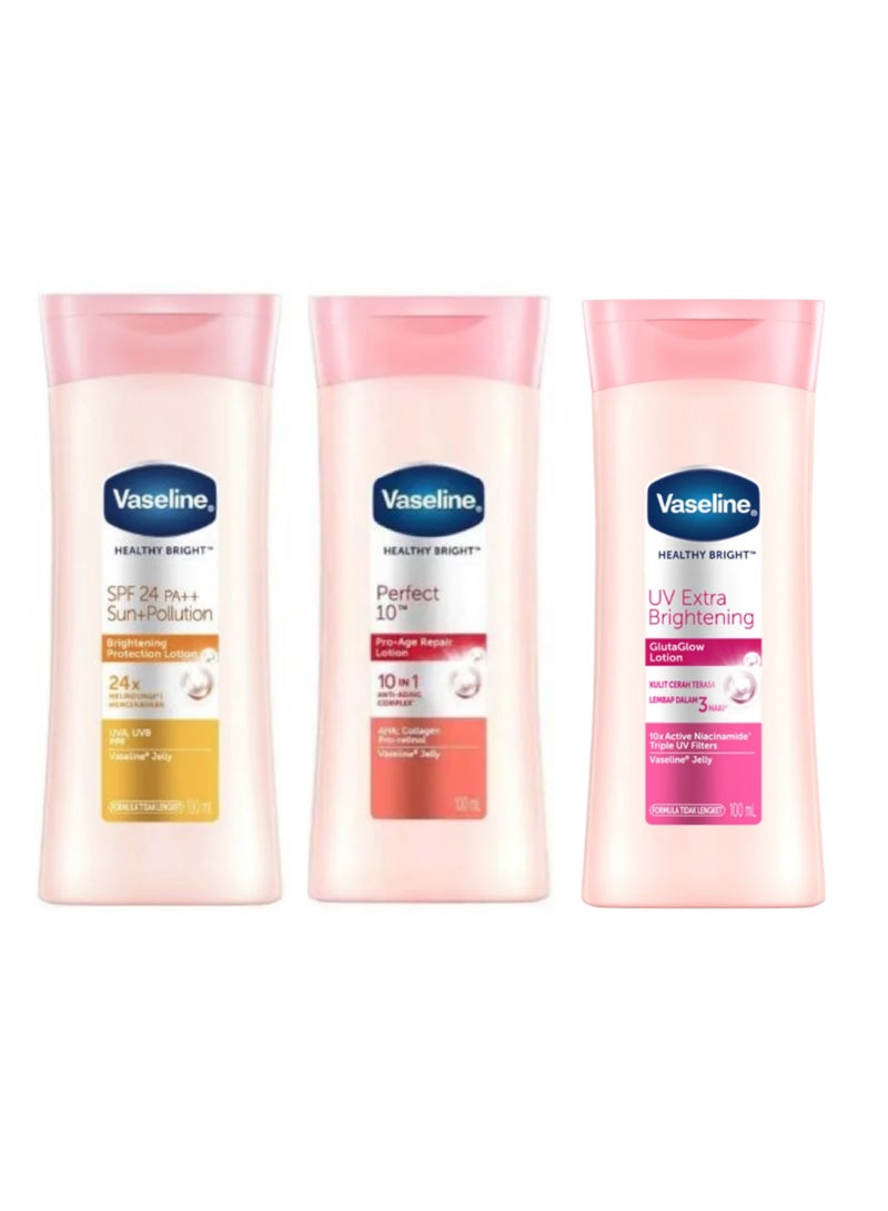 Vaseline Healthy Bright SPF 24++ Sun+Pollution Brightening Lotion 100 ml & Healthy Bright Perfect10 Pro-age Repair Lotion 100ml & Healthy Bright UV Extra Brightening Gluta Glow Body Lotion 100ml