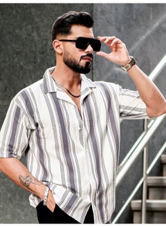 Maniac Mens Barcode Stripes 3/4th Sleeve Cement Grey HoneyComb Fabric Shirt  - Image 4