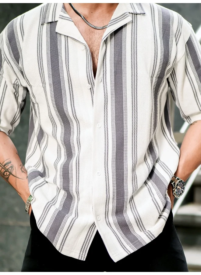 Maniac Mens Barcode Stripes 3/4th Sleeve Cement Grey HoneyComb Fabric Shirt