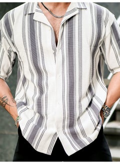 Maniac Mens Barcode Stripes 3/4th Sleeve Cement Grey HoneyComb Fabric Shirt  - Image 5