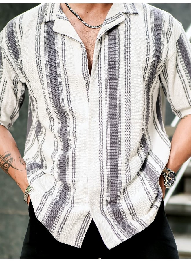 Maniac Mens Barcode Stripes 3/4th Sleeve Cement Grey HoneyComb Fabric Shirt  - Image 5