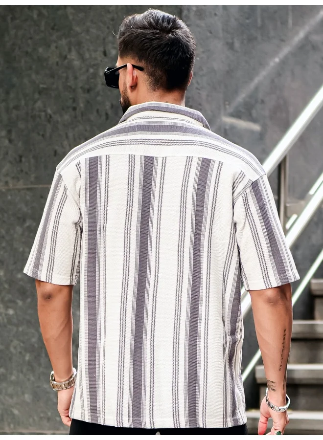 Maniac Mens Barcode Stripes 3/4th Sleeve Cement Grey HoneyComb Fabric Shirt