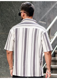 Maniac Mens Barcode Stripes 3/4th Sleeve Cement Grey HoneyComb Fabric Shirt  - Image 3
