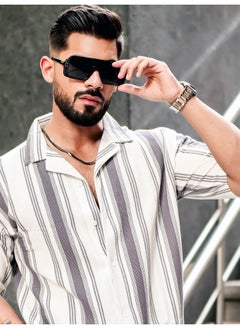 Maniac Mens Barcode Stripes 3/4th Sleeve Cement Grey HoneyComb Fabric Shirt  - Image 1
