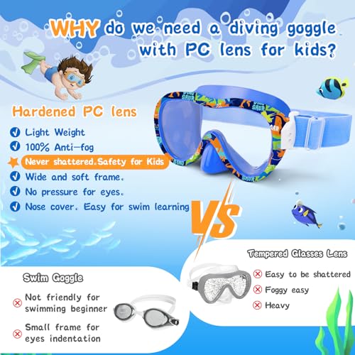 Wave Kids Swim Goggles with Nose Cover, 180° Panoramic Snorkel Mask with Anti-Fog & Anti-Leak Design, Comfort Fabric Strap UV Protection Lens for Boys Girls Ages 3-15 - Image 5