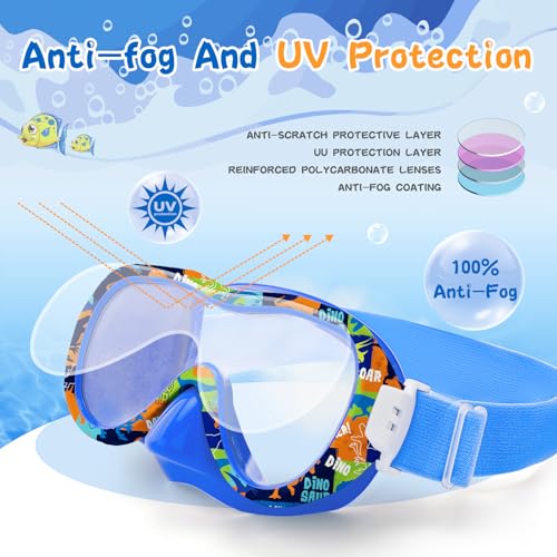 Wave Kids Swim Goggles with Nose Cover, 180° Panoramic Snorkel Mask with Anti-Fog & Anti-Leak Design, Comfort Fabric Strap UV Protection Lens for Boys Girls Ages 3-15 - Image 4