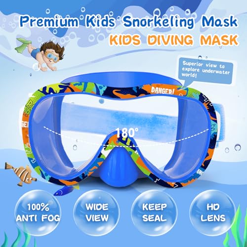 Wave Kids Swim Goggles with Nose Cover, 180° Panoramic Snorkel Mask with Anti-Fog & Anti-Leak Design, Comfort Fabric Strap UV Protection Lens for Boys Girls Ages 3-15 - Image 2
