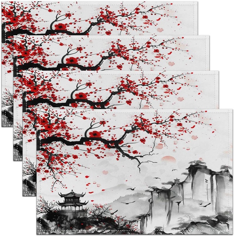 Feelyou Cherry Blossoms Placemats Set of 4 Japanese Style Placemat for Kitchen Dining Table 18x12 Home Decor Table Place Mats Sakura Flower Indoor Outdoor Decor Table Mats - Image 1