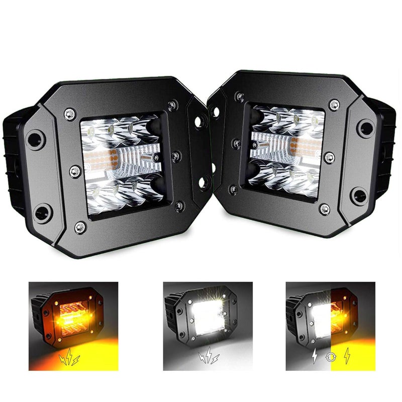 ASLONG 2PCS 5Inch LED Flush Mount Pods 6 Modes AmberWhite Flasing Strobe Fog Lights Offroad Backup Light Reverse Light Grill Mount Light with Switch Wiring Harness for Truck UTV 4x4 Car Black