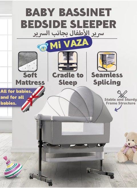 سرير أطفال فاخر بجانب السرير، سرير أطفال مع سلة تخزين كبيرة، طقم فراش سفر 3 في 1، سرير أطفال مع ناموسية قابلة للتهوية، مرتبة ناعمة، عجلات دوارة 360 درجة للأطفال الرضع وحديثي الولادة (رمادي غامق)