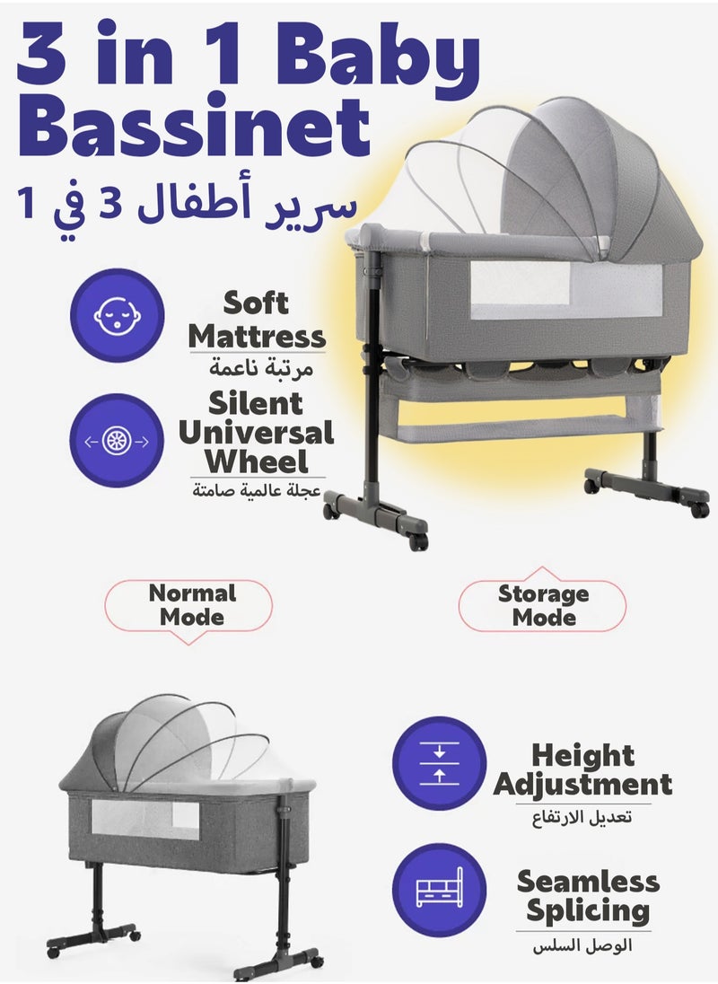 مي فازا - سرير أطفال فاخر بجانب السرير، سرير أطفال مع سلة تخزين كبيرة، طقم فراش سفر 3 في 1، سرير أطفال مع ناموسية قابلة للتهوية، مرتبة ناعمة، عجلات دوارة 360 درجة للأطفال الرضع وحديثي الولادة (رمادي غامق) - Image 1