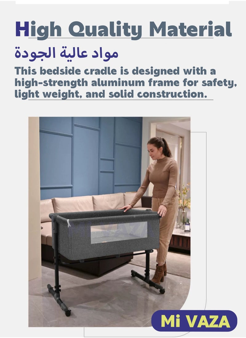 مي فازا - سرير أطفال فاخر بجانب السرير، سرير أطفال مع سلة تخزين كبيرة، طقم فراش سفر 3 في 1، سرير أطفال مع ناموسية قابلة للتهوية، مرتبة ناعمة، عجلات دوارة 360 درجة للأطفال الرضع وحديثي الولادة (رمادي غامق) - Image 1