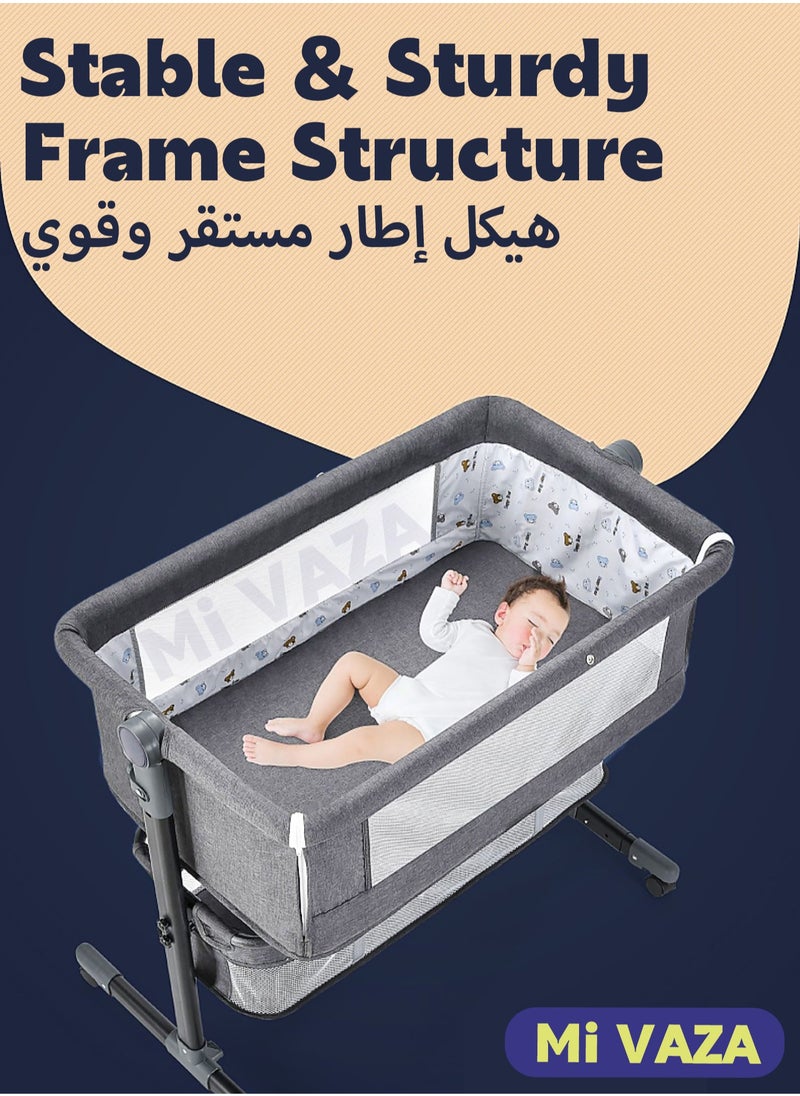 مي فازا - سرير أطفال فاخر بجانب السرير، سرير أطفال مع سلة تخزين كبيرة، طقم فراش سفر 3 في 1، سرير أطفال مع ناموسية قابلة للتهوية، مرتبة ناعمة، عجلات دوارة 360 درجة للأطفال الرضع وحديثي الولادة (رمادي غامق) - Image 1