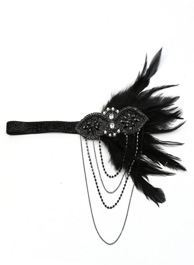 STIOEDYUAN 1920's Flapper Headband Gatsby Feather Headpiece Rhinestone Tassel Headdress Bridal Hair Accessories Head Chain For Women (Black) - Image 4