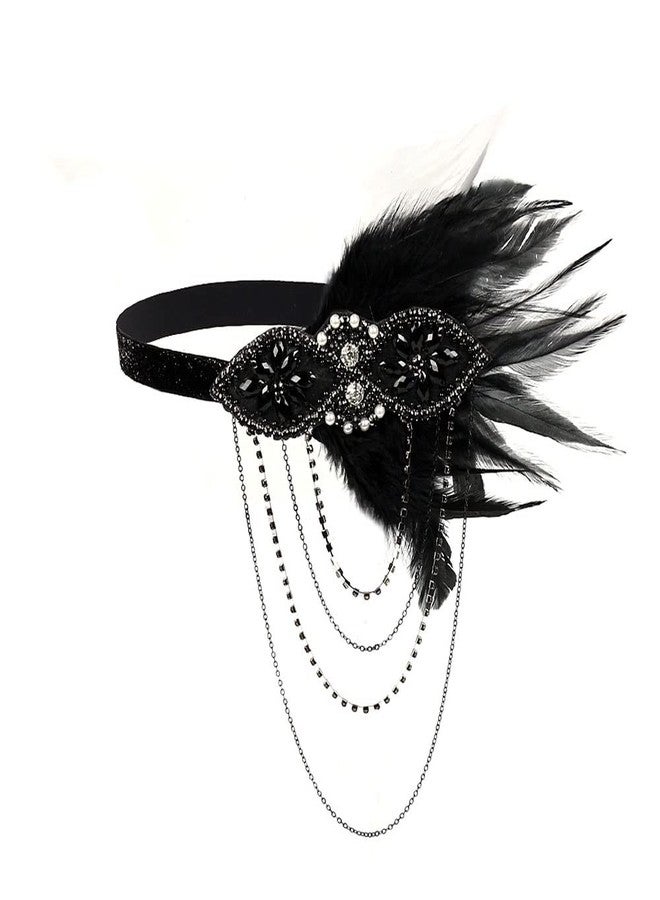 STIOEDYUAN 1920's Flapper Headband Gatsby Feather Headpiece Rhinestone Tassel Headdress Bridal Hair Accessories Head Chain For Women (Black) - Image 1