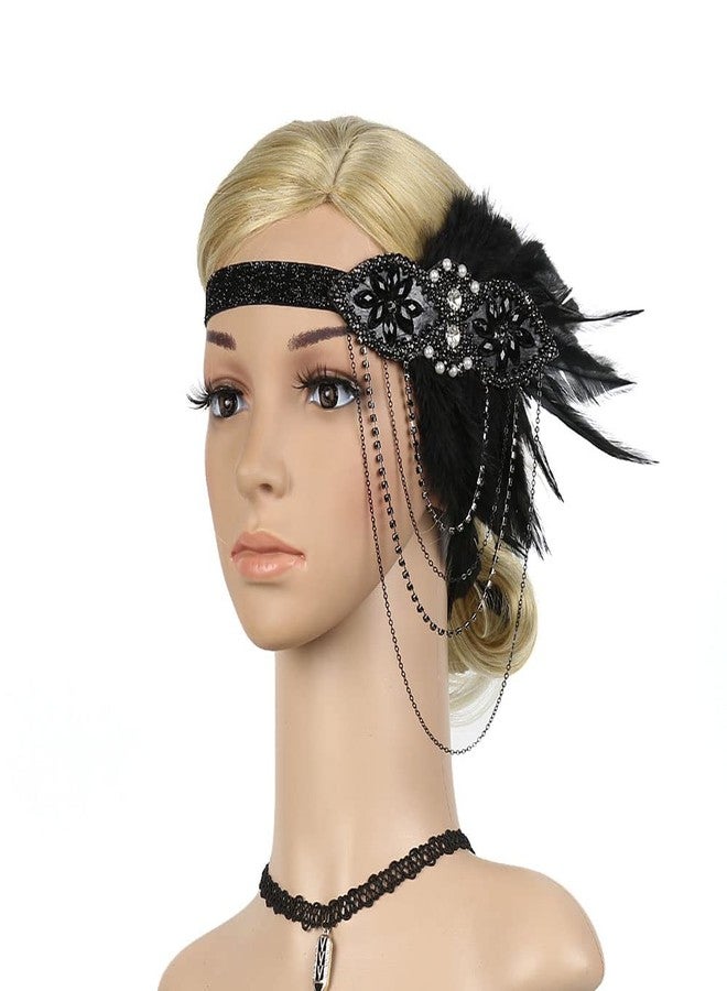 STIOEDYUAN 1920's Flapper Headband Gatsby Feather Headpiece Rhinestone Tassel Headdress Bridal Hair Accessories Head Chain For Women (Black) - Image 3