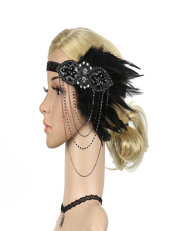 STIOEDYUAN 1920's Flapper Headband Gatsby Feather Headpiece Rhinestone Tassel Headdress Bridal Hair Accessories Head Chain For Women (Black) - Image 2