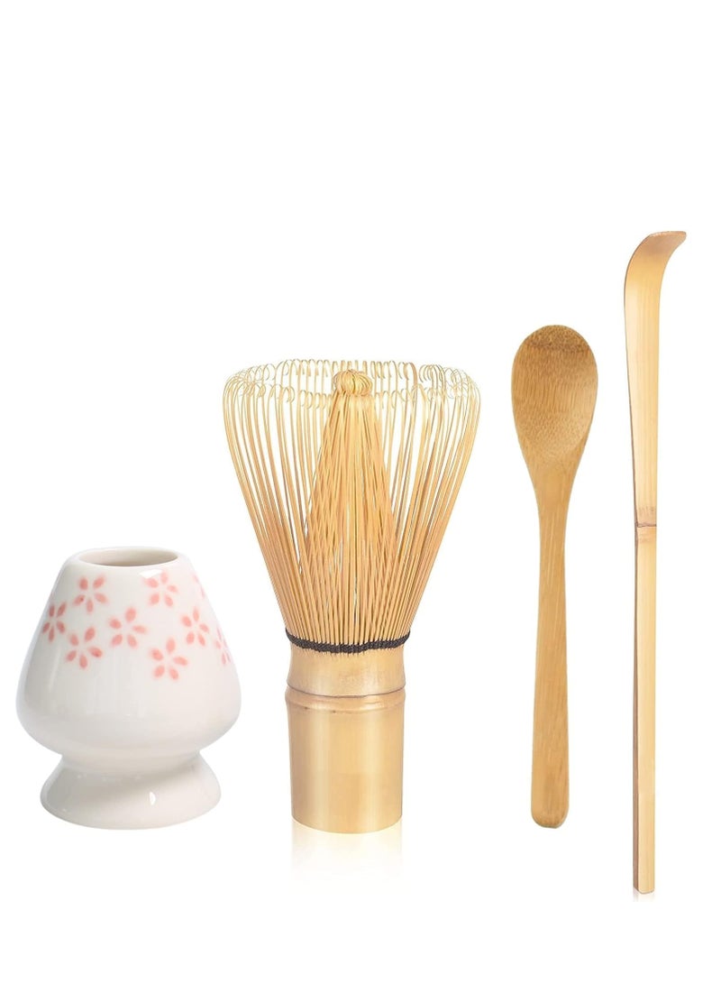 4 Piece Matcha Tea Set with Ceramic Bowl Prong Bamboo Whisk Whisk Holder and Traditional Scoop Matcha Stirrer Set for a Traditional Cup of Matcha White Matcha Whisk Set - Image 1