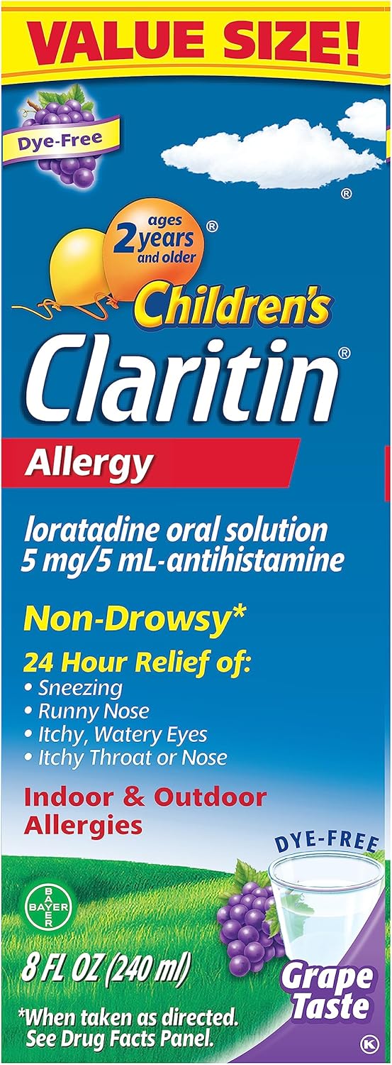 Claritin دواء حساسية الأطفال 24 ساعة غير مسبب للنعاس لوراتادين 5 ملغ سائل مضاد للهستامين للأطفال من عمر سنتين وما فوق بنكهة العنب 8 أونصة سائلة - Image 1