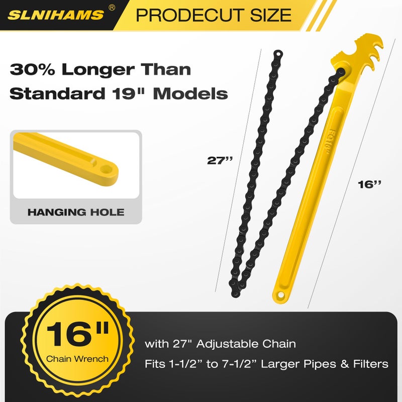 SLNIHAMS 16 Inch Chain Wrench, Heavy Duty Oil Filter Chain Wrench Adjustable 27" Chain for 1-1/2â€ to 7-1/2â€ Pipe & Oil Filter Grip - Heat-Treated Carbon Steel with Hanging Hook - Diesel/Plumbing Use - Image 2