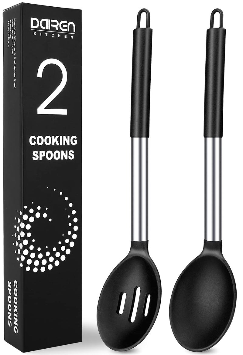 Pack of 2 Large Silicone Cooking Spoons NonStick Stainless Steel Slotted and Solid Spoon Set for Serving Mixing Draining Heat Resistant Scratch Resistant and BPA Free Kitchen Scoops Black