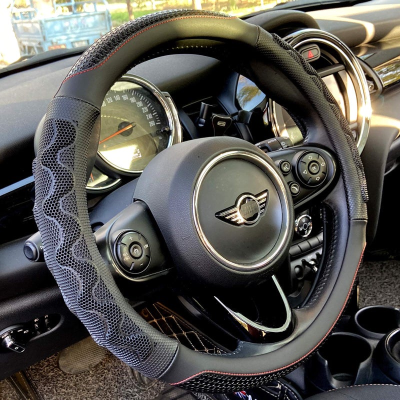 PINCTROT Steering Wheel Cover Great Grip with 3D Honeycomb Anti-Slip Design, Universal 14.5-15 Inch (Black/Red Stitch) - Image 1