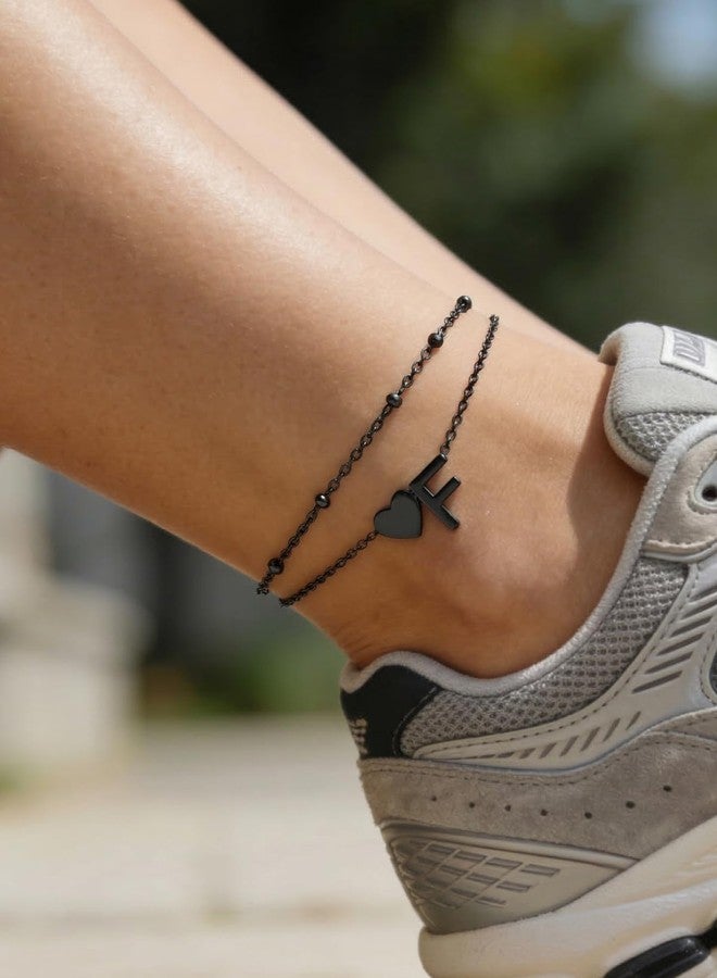 Silvora Layered Initial Anklet for Women Ankle Bracelets for Women Waterproof Black Dainty Heart Ankle Bracelets Adjustable Foot Chain Stainless Steel Anklets Non Tarnish Stacks Jewelr Letter F - Image 2