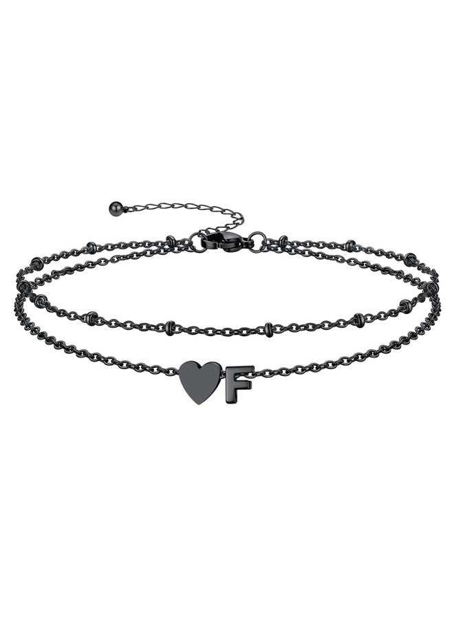 Silvora Layered Initial Anklet for Women Ankle Bracelets for Women Waterproof Black Dainty Heart Ankle Bracelets Adjustable Foot Chain Stainless Steel Anklets Non Tarnish Stacks Jewelr Letter F - Image 1