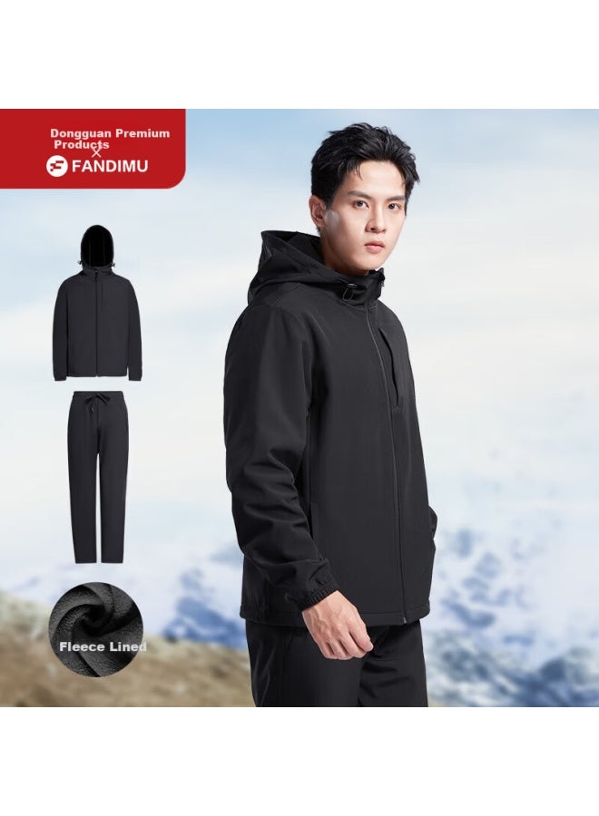 Fandimu Men's Sports Suit Spring Outdoor Windproof Fleece Warm Pants And Jacket Casual Two-piece Set Black M - Image 1