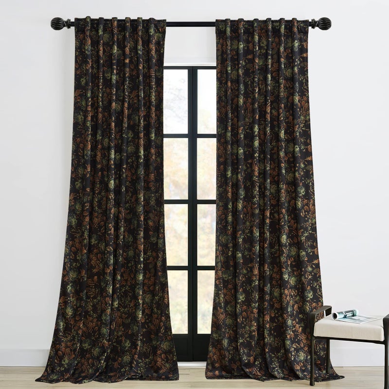 StangH Back Tab Floral Velvet Curtains - Luxury Room Darkening Black Print Window Drapes 90 inches Long for Sliding Door Living Room/Bedroom/Room Divider, W52 x L90, 2 Panels - Image 1