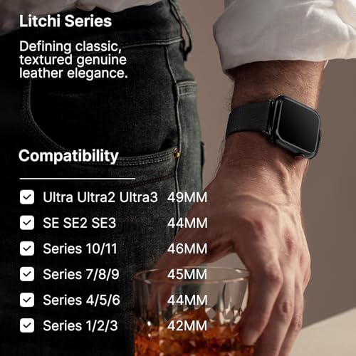 Fullmosa Leather Bands Compatible with Apple Watch Band 49mm 46mm 45mm 44mm 42mm for Men Women, Top Grain Genuine Leather Strap for iWatch Series 11/10/9/8/7/6/5/4/3/2/1,Ultra3/2/1,SE3/2/1, Black/Smoky Grey - Image 3
