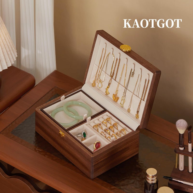 KAOTGOT Wooden Jewelry Box For Women Jewelry Organizer Box With Lock 2 Layer Jewelry Holder Organizer For Necklace Ring Earring - Image 3