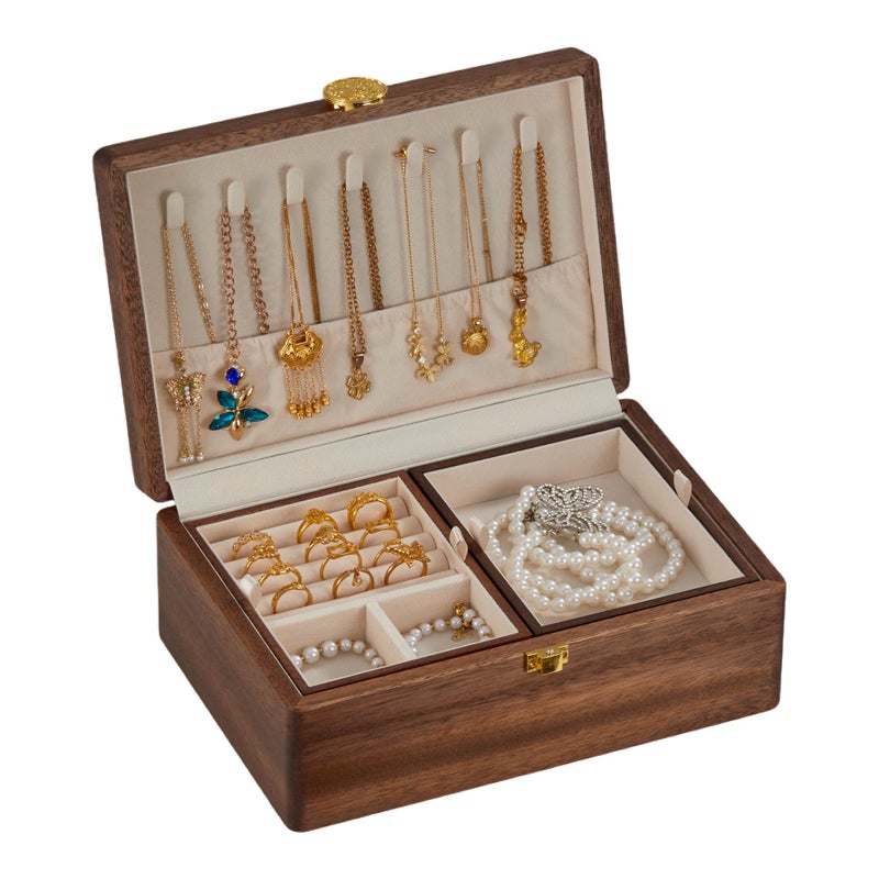 KAOTGOT Wooden Jewelry Box For Women Jewelry Organizer Box With Lock 2 Layer Jewelry Holder Organizer For Necklace Ring Earring - Image 1