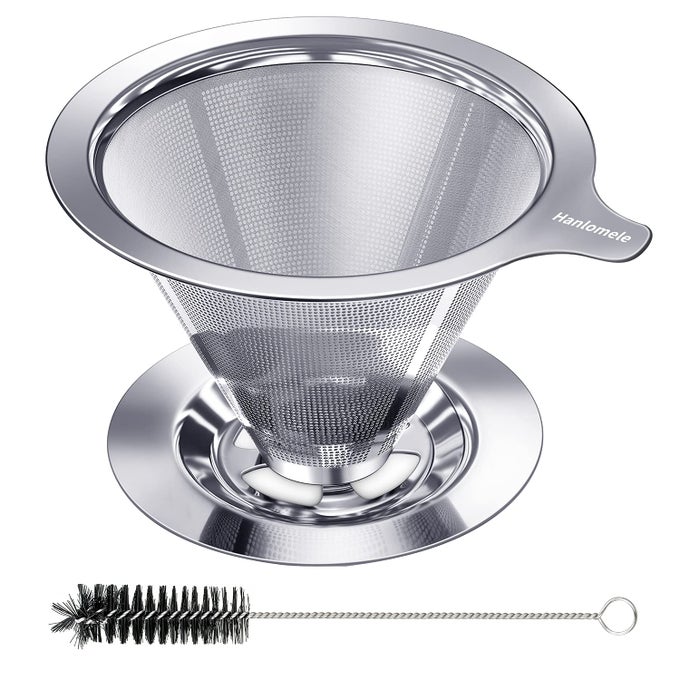 POUR OVER COFFEE DRIPPER PAPERLESS REUSABLE COFFEE FILTER POUR OVER COFFEE MAKER FOR SINGLE CUP BREW DOUBLE MESH DESIGN OF STAINLESS STEEL CONE FILTER FOR PERFECT EXTRACTION 12 CUP