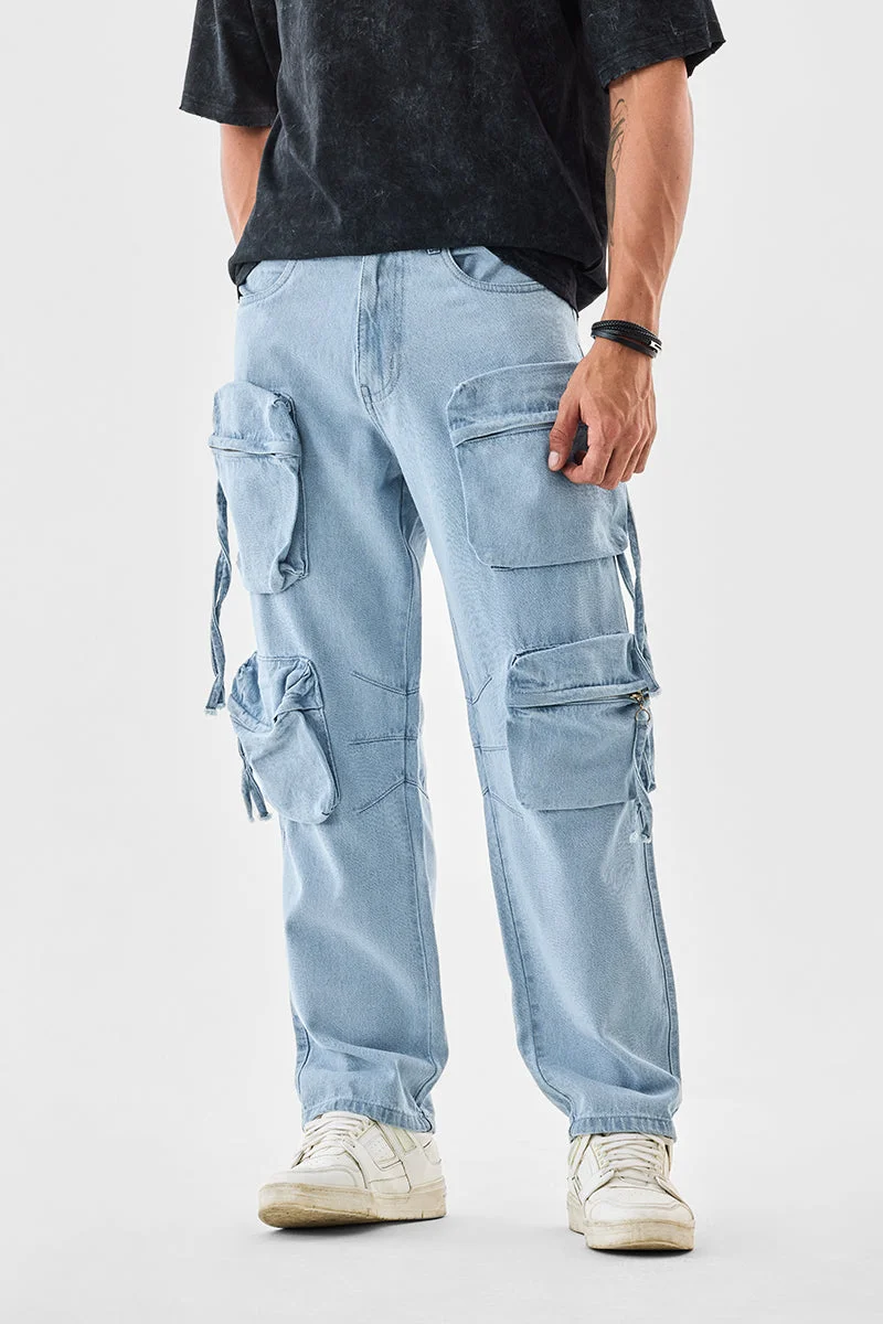 سنيتش Light Blue Solid Loose Fit Streetwear Cargo