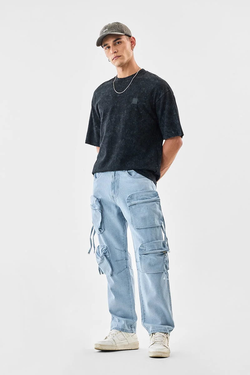 سنيتش Light Blue Solid Loose Fit Streetwear Cargo