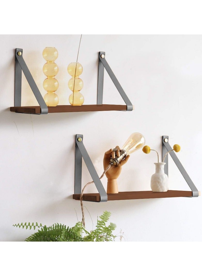 Home Gallery PU Gray Leather Strap Wall Floating Shelf  Brown  - Image 1